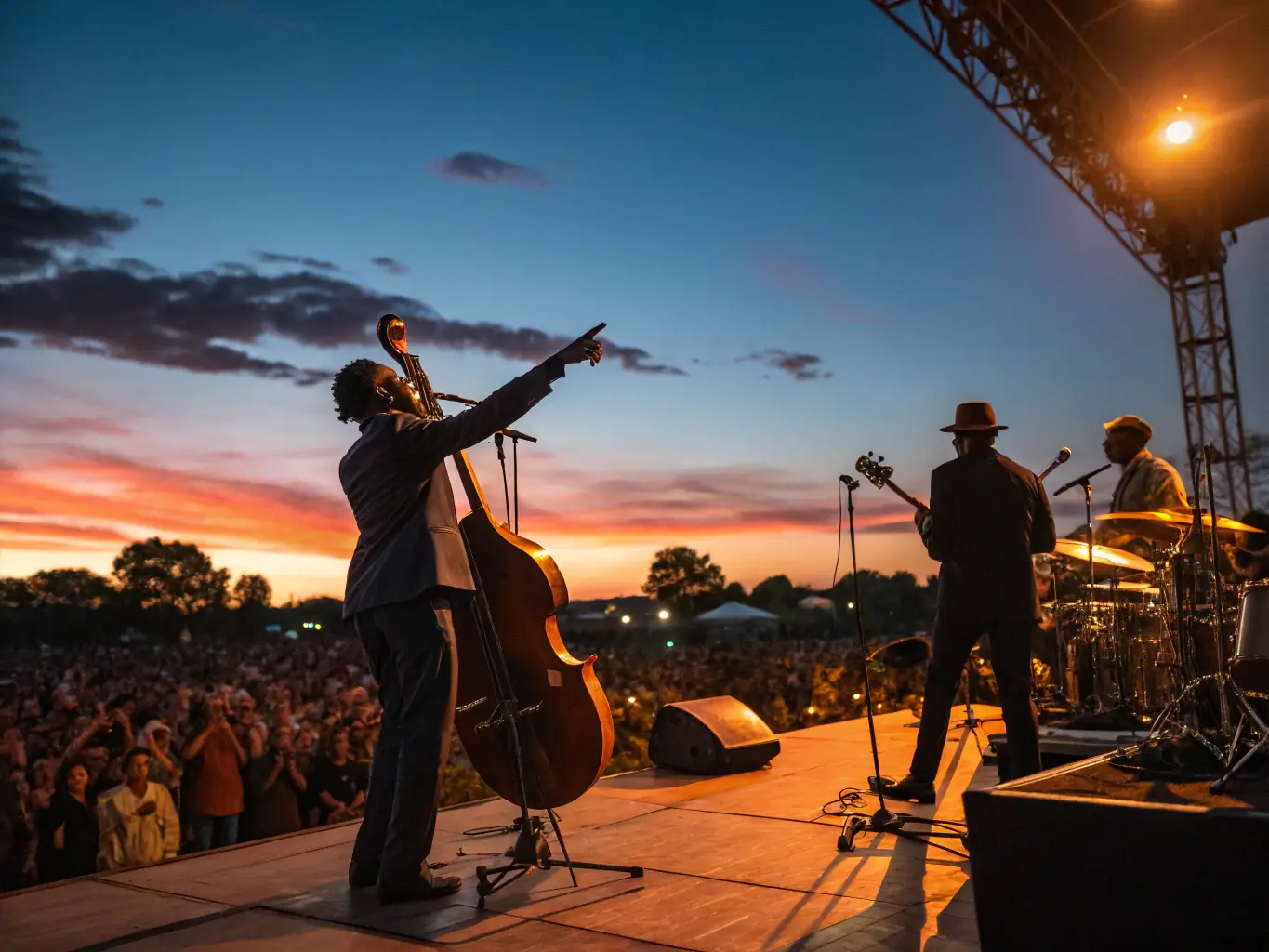 A lively image of a jazz concert outdoors with a diverse audience enjoying the performance under string lights, capturing the vibrant community spirit.