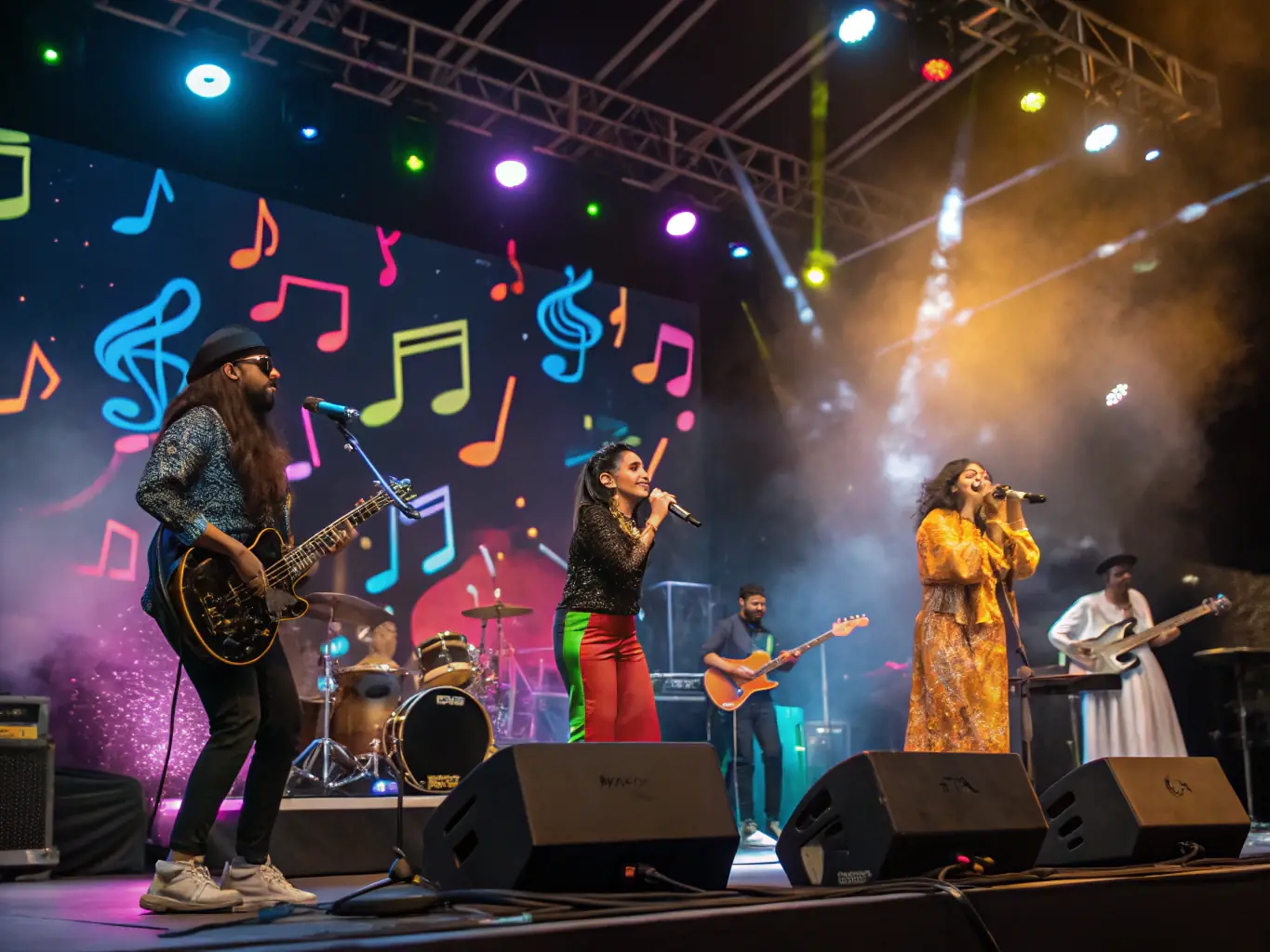 A photo of musicians from different cultural backgrounds performing together on stage, symbolizing unity and cultural exchange.