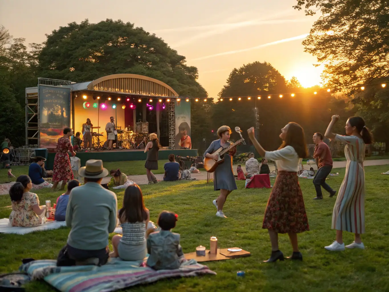 A vibrant image of a jazz concert outdoors with a diverse audience enjoying the performance under string lights, capturing the vibrant community spirit.