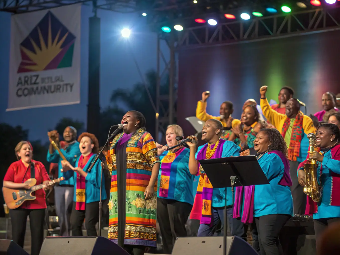 A photo of musicians from different cultural backgrounds performing together on stage, symbolizing unity and cultural exchange.