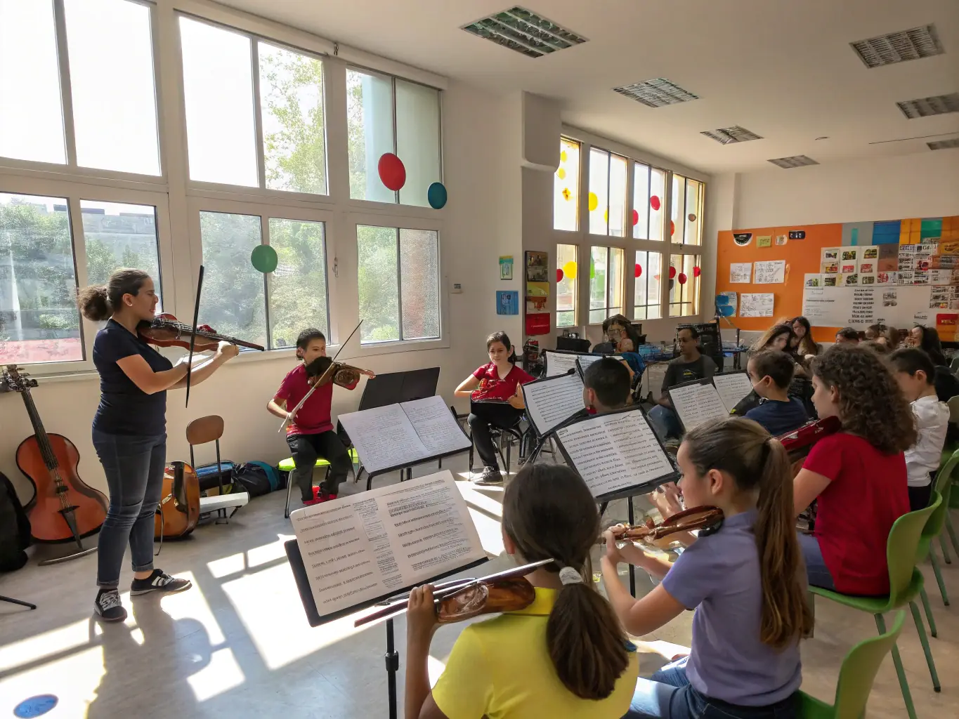 An image of a music workshop with children and adults playing instruments and engaging with instructors in a bright, welcoming classroom.