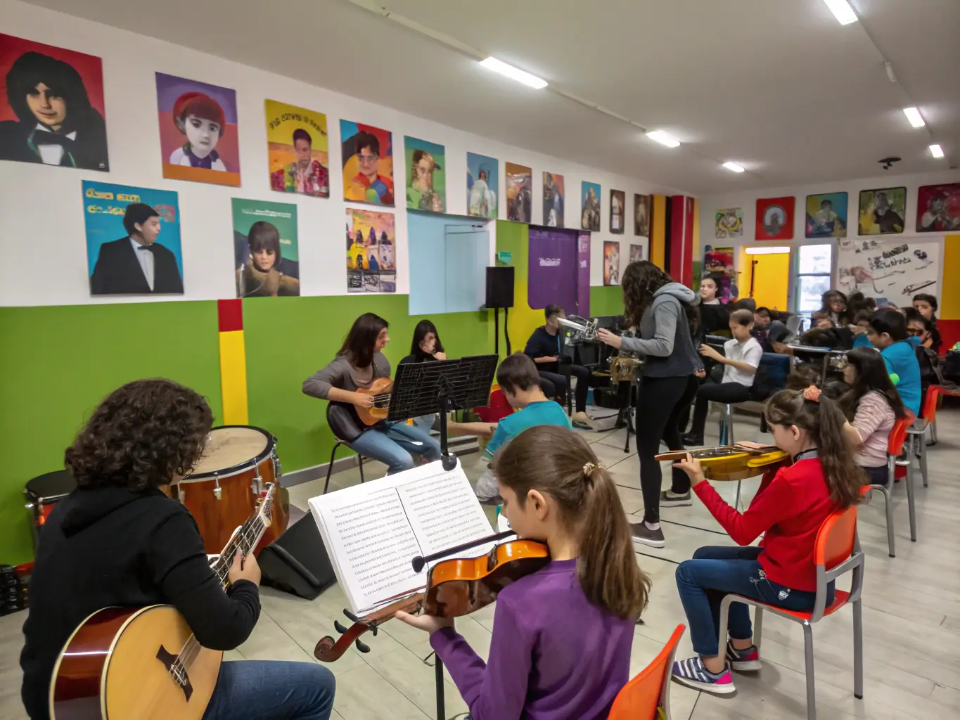 An image of a music workshop with children and adults playing instruments and engaging with instructors in a bright, welcoming classroom.