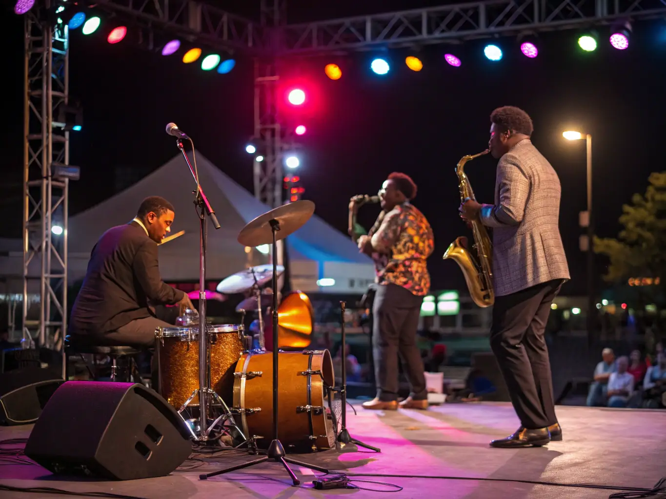 A vibrant image of a live jazz concert, showcasing musicians on stage with a diverse audience enjoying the performance. The lighting is warm and inviting, highlighting the energy of the event.