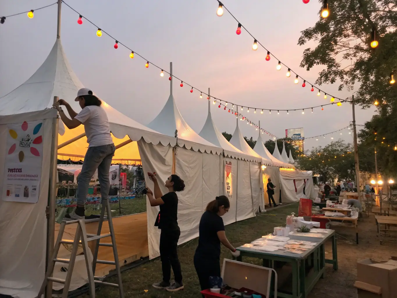 A group of volunteers are setting up chairs and decorations for an outdoor jazz concert in a park, showcasing community collaboration and event preparation.