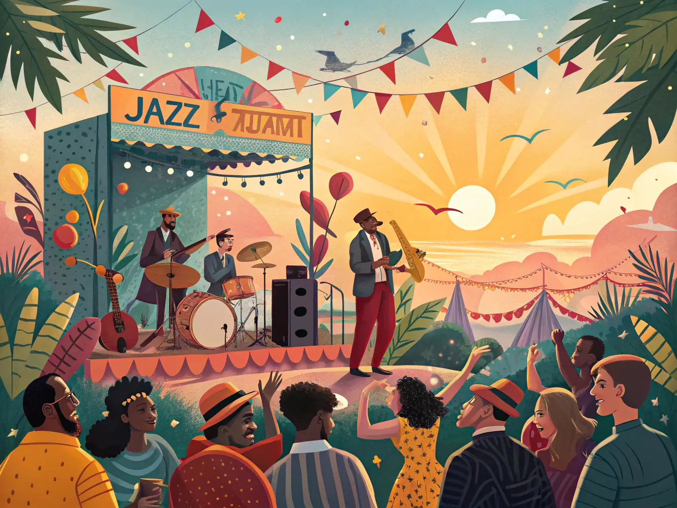 A vibrant scene from a JAZZ ANGLE community music event, featuring a diverse audience enjoying a live jazz performance in an outdoor setting. The image captures the energy and inclusivity of the event, highlighting the organization's commitment to bringing people together through music.
